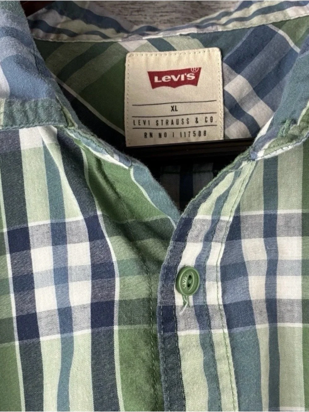 Levi's Mens Plaid Shirt XL Casual Short Sleeve Button Up Green Navy Blue White